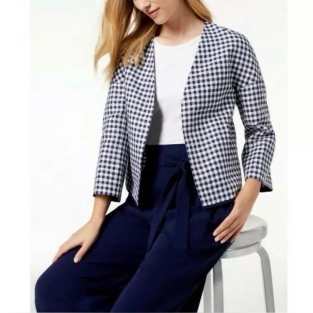 Anne Klein | Navy Blue and White Checkered Linen Blazer